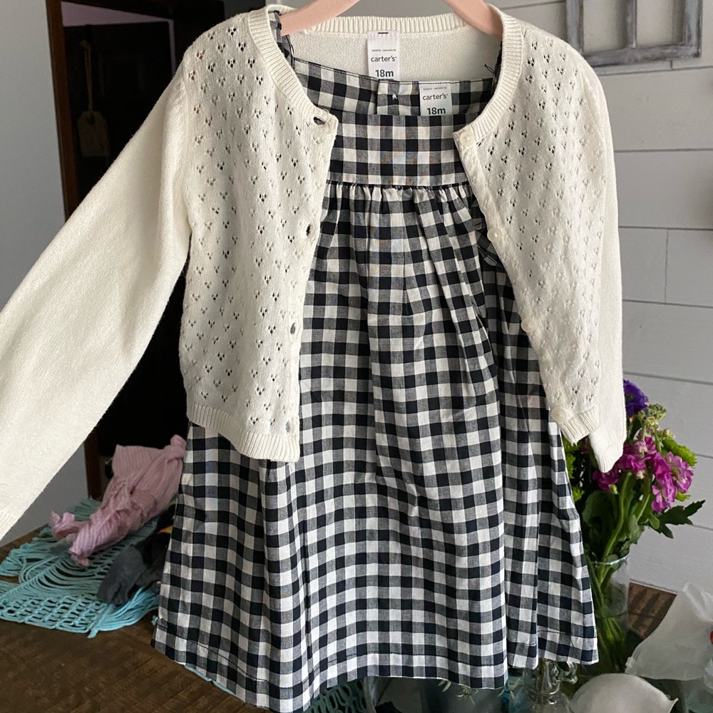 Blck & whte plaid dress w/Cardigan